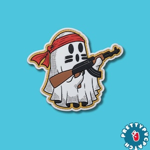 Tactical Ghost PVC Patch Rambo White Ghost holding Rifle Rubber Morale Badge Cute Halloween Gun Hook Loop Emblem For Jackets Backpacks