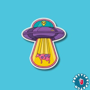 UFO Cow Abduction PVC Patch Cute Alien Spaceship Purple Flying Saucer Rubber Badge for Backpacks and Jackets