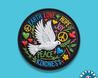 Earth Love Hope Joy Peace Kindness PVC Patch Loop and Hook White Dove Olive Branch Rubber Badge Hippie Peace Sign Emblem Backpack Gear