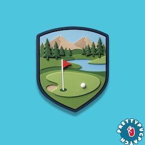 May include: A golf course scene patch with a green fairway, a white golf ball, and a red flag. The patch has a blue border and features trees, mountains, and a lake. The patch is a shield shape.