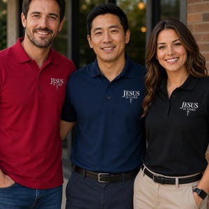 May include: Three polo shirts in burgundy, navy blue, and black, each featuring a collar, a button placket, and white embroidered text on the left chest that reads "JESUS IS LORD" above a small cross symbol. The shirts are short-sleeved.