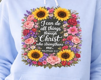Kleurrijke christelijke statement-hoody | Filippenzen 4 13-hoody | Bold Faith-hoodie | Hoodie met bloemenkunstwerk