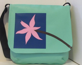 Large Messenger Vinyl Baby Bag, Side Satchel in Mint Green with Pink Flower on a Blue Square