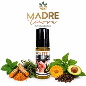 May include: A roll-on bottle of "Aceite Poderoso" with a black cap, surrounded by fresh herbs, turmeric, a yellow flower, avocado, and cloves. The bottle has a label with text and an illustration of a knee.