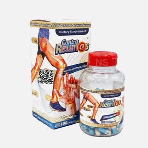 以下が含まれることがあります： 赤いキャップが付いた透明なプラスチックボトルと、白い箱の隣にある白と青のラベル。両方の容器には「Contra Reumas」の文字と、脚と手のイラストが描かれています。箱には「栄養補助食品」と書かれています。