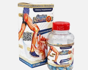 May include: A clear plastic bottle with a red cap and a white and blue label next to a white box. Both containers feature the text "Contra Reumas" and illustrations of legs and hands. The box reads "Dietary Supplement".