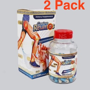 May include: A two-pack of dietary supplement bottles and boxes. The packaging features the text "Contra Reumas" and an illustration of a leg. The bottles contain blue and white capsules, and the lids are red.