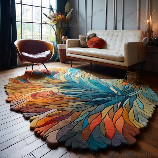 Alfombra de lana irregular con hojas esculpidas multicolores, hecha a mano, con estampado artístico abstracto de plumas para sala de estar, de lujo.