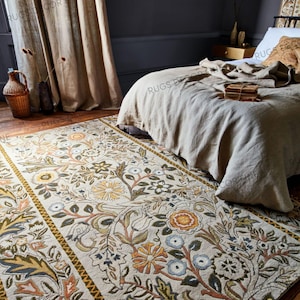 William Morris Inspired Ivory Botanical Rug Hand Tufted 100% Wool Floral Vine Pattern Heritage Arts Crafts Design Luxury Handmade Area Rug