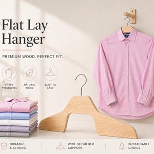 May include: A wooden flat lay hanger with a pink dress shirt hanging on a wooden wall mount. A stack of folded shirts in various colors is on the left. The text "Flat Lay Hanger" is at the top.