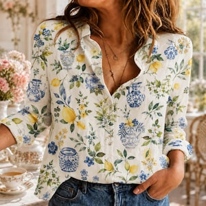 Può includere: Una camicia bianca a maniche lunghe con abbottonatura frontale, caratterizzata da un motivo ripetuto di vasi in ceramica blu e bianchi, limoni gialli e fogliame verde. La camicia presenta un colletto classico e polsini alle maniche.