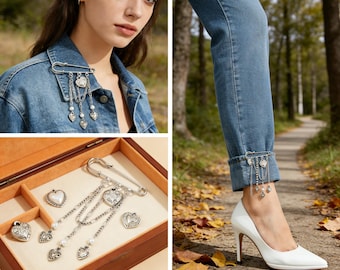 Broche de imperdible con borla en forma de corazón plateado, corsé estilo grunge Y2K para jeans y faldas.