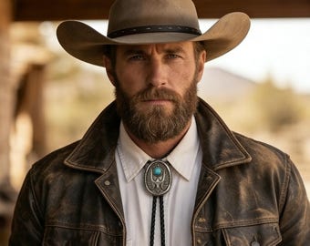 Turquoise Eagle Bolo Tie, Silver Western Necktie, Braided Leather Cord