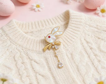 Mother of Pearl Rabbit Brooch with Gold Tassel, Whimsical Bunny Pin, Zircon Accents