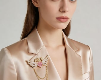 Broche de corazón con alas de ángel – Broche dorado Y2K con cristal rosa, encanto celestial