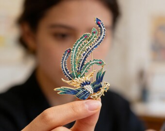 Broche de fénix esmaltado en oro: broche grande de pájaro de fuego de cristal, 7,8 cm, joyería artesanal.