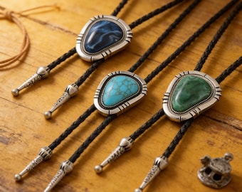 Western Turquoise Bolo Tie, Braided Leather Cord, Antiqued Silver Frame Necktie