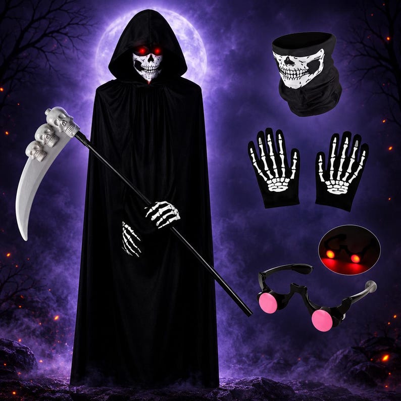 Grim Reaper Costume for Kids, Glowing Red Eyes, Mask, Gloves (unisex ...