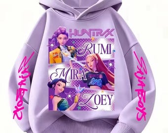 KPop Demon Hunters Cartoon Anime Hoodie: Purple Girls Casual Sweatshirt