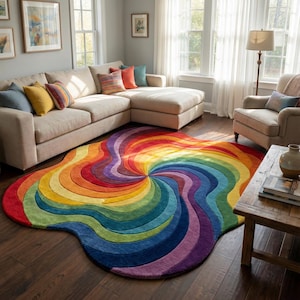 May include: A vibrant, multi-colored area rug with a swirling rainbow design. The rug features a spectrum of colors, including red, orange, yellow, green, blue, and purple. The rug is placed on a dark wood floor, and the design creates a focal point in the living room.