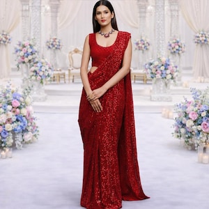 Ruby Red Georgette, ready-to-wear sari voor dames: Indiase trouwkleding met pailletten Embroidery