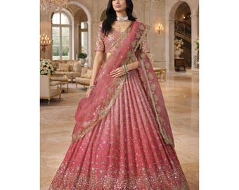 Pfirsich bereit, Lehenga Choli für Frauen tragen: Pailletten Stickerei indische Hochzeitskleidung