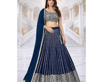 Blaue bereit zu tragen Lehenga Choli für Frauen: Pailletten Stickerei indische Hochzeitskleidung