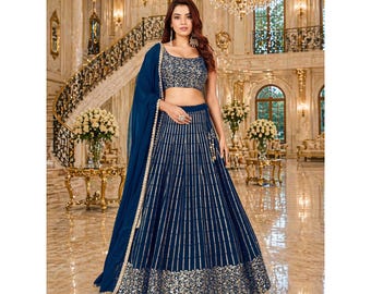 Blaue bereit zu tragen Lehenga Choli für Frauen: Pailletten Stickerei indische Hochzeitskleidung