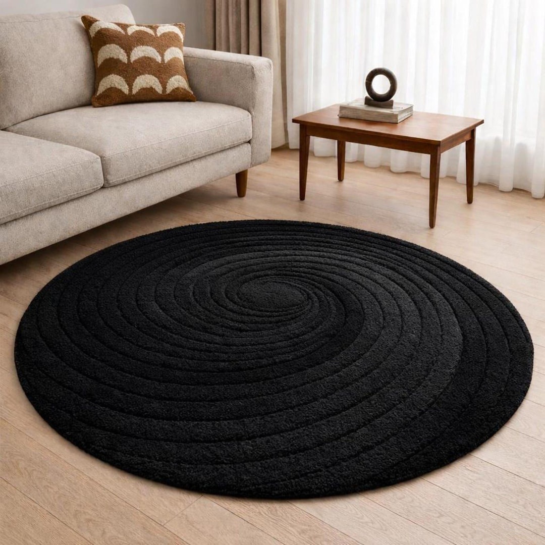 Hand Tufted Black Wool Rug, Modern Spiral Carved Pattern, Luxury Thick ...