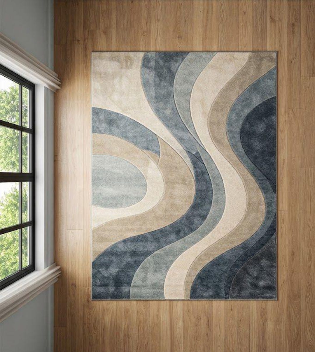 Hand Tufted Abstract Wave Rug, Modern Blue Beige Neutral Area Carpet - Etsy