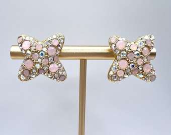 Swarovski Swan Gold Tone Pave Pink AB Rhinestones Clip On Earrings Xs Kisses Vtg
