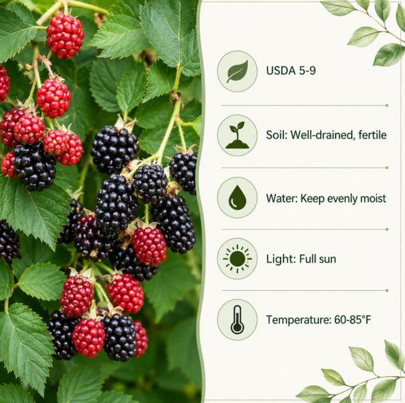 Puede incluir: Una planta de mora con racimos de bayas rojas y negras y hojas verdes. Un panel informativo enumera las instrucciones de cuidado: USDA 5-9, Suelo: bien drenado y f&eacute;rtil, Agua: mantener h&uacute;medo, Luz: pleno sol, Temperatura: 15-29&deg;C.