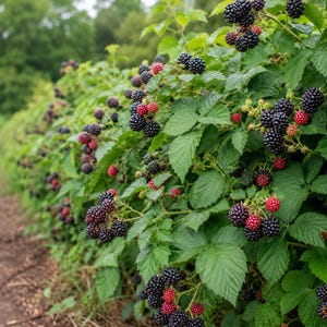 Puede incluir: Un arbusto de moras con numerosos racimos de bayas maduras de color p&uacute;rpura oscuro a negro y algunas bayas m&aacute;s peque&ntilde;as e inmaduras de color rojo rosado. La planta tiene hojas verdes dentadas y tallos delgados en una disposici&oacute;n densa.