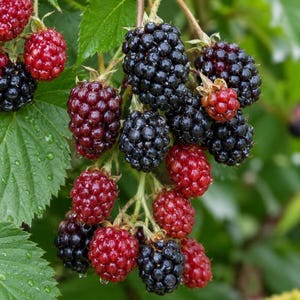 Puede incluir: Un racimo de moras y frambuesas creciendo en una enredadera de hojas verdes. Las moras son de color p&uacute;rpura oscuro a negro, mientras que las frambuesas son de color rojo brillante. La fruta tiene peque&ntilde;as drupas y gotas de agua.