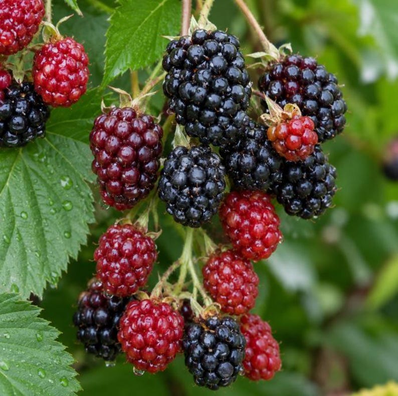 Puede incluir: Un racimo de moras y frambuesas creciendo en una enredadera de hojas verdes. Las moras son de color p&uacute;rpura oscuro a negro, mientras que las frambuesas son de color rojo brillante. La fruta tiene peque&ntilde;as drupas y gotas de agua.