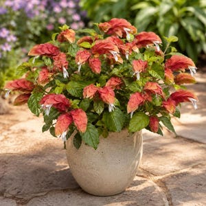 May include: A potted shrimp plant featuring vibrant orange-red, bract-like flower spikes and small white tubular blossoms. The plant has lush green leaves and is contained within a speckled, light beige ceramic pot with a rounded base.