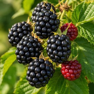 May include: A cluster of ripe blackberries and two unripe red berries growing on a green leafy vine. The blackberries are dark, glossy, and composed of many small rounded drupelets, while the red berries are smaller and firm in texture.