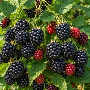 May include: A cluster of ripe blackberries on a green leafy vine. The fruit ranges from deep black to bright red, showing various stages of maturity. The berries are composed of small, rounded drupelets, and the leaves are serrated and green.