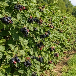 May include: A dense blackberry bush featuring numerous clusters of ripe, dark purple to black berries and some smaller red berries. The plant has vibrant green, serrated leaves and thin, woody stems, showing a bountiful harvest in a field.