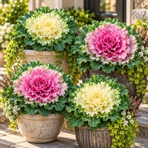 Puede incluir: Cuatro plantas de col ornamental en macetas dispuestas en contenedores. Dos plantas presentan centros rizados de color blanco crema, mientras que dos tienen centros de color rosa vibrante. Rodeadas de follaje verde, flores blancas y enredaderas.