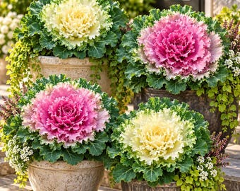 Puede incluir: Cuatro plantas de col ornamental en macetas dispuestas en contenedores. Dos plantas presentan centros rizados de color blanco crema, mientras que dos tienen centros de color rosa vibrante. Rodeadas de follaje verde, flores blancas y enredaderas.