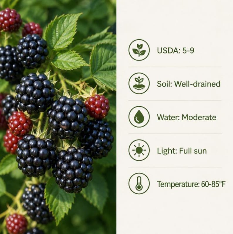 May include: A cluster of ripe, dark purple blackberries and some red, unripe berries on a green leafy vine. An infographic lists care requirements: USDA: 5-9, Soil: Well-drained, Water: Moderate, Light: Full sun, and Temperature: 60-85&deg;F.