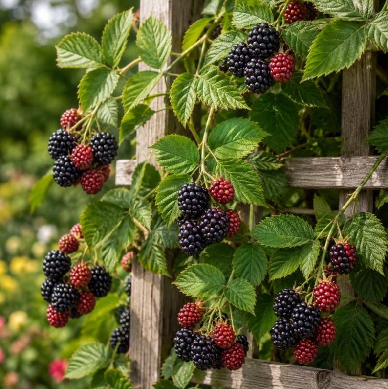 May include: A climbing blackberry plant with clusters of ripe, dark purple-black berries and some unripe red berries. The plant features serrated green leaves and is growing on a light brown wooden trellis structure with horizontal and vertical slats.