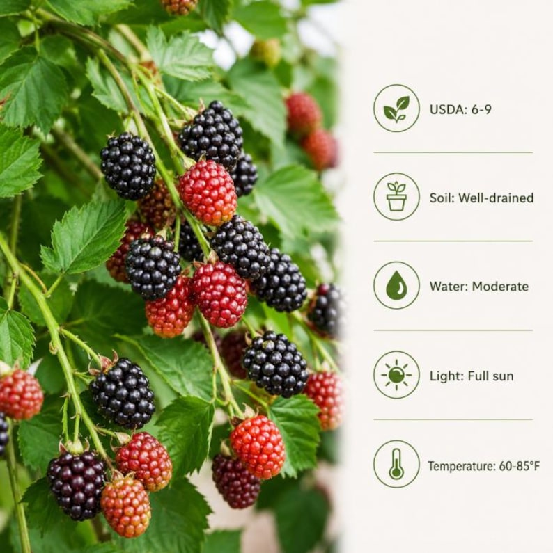 Puede incluir: Una planta de moras con racimos de bayas rojas y moradas oscuras en tallos verdes con hojas serradas. Una infograf&iacute;a a la derecha enumera los requisitos de cuidado: USDA 6-9, suelo bien drenado, riego moderado, pleno sol y 15-29&deg;C.