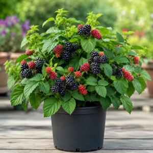 Puede incluir: Una planta de mora en una maceta de pl&aacute;stico negra, con numerosos racimos de moras maduras de color p&uacute;rpura oscuro y bayas m&aacute;s peque&ntilde;as de color rojo brillante sin madurar, rodeadas de hojas verdes dentadas en un arbusto erguido.