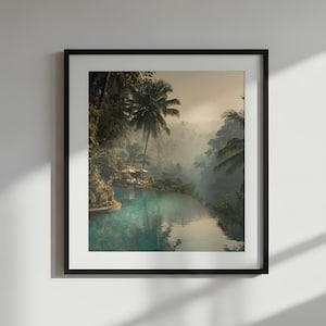 May include: Framed art print featuring a serene tropical landscape. The image showcases a turquoise pool reflecting lush greenery and palm trees, with a misty forest in the background. The artwork is encased in a black frame, creating a striking contrast.
