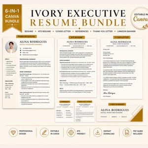 Op de afbeelding: Een 6-in-1 ivoorkleurige executive cv-bundel sjablonenset met een premium cv, ATS-cv, sollicitatiebrief, referenties, bedankbrief en LinkedIn-banner. De documenten bevatten gouden accenten en zijn bewerkbaar in Canva.