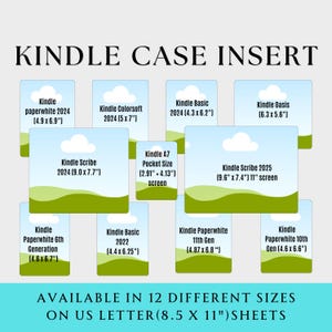 Könnte beinhalten: Grafik mit Kindle-Hülleneinsätzen in verschiedenen Größen für Kindle-Modelle wie Paperwhite und Basic. Die Abmessungen sind in Zoll angegeben. Der Text weist auf die Verfügbarkeit in 12 Größen auf US Letter-Blättern (21,6 x 27,9 cm) hin.