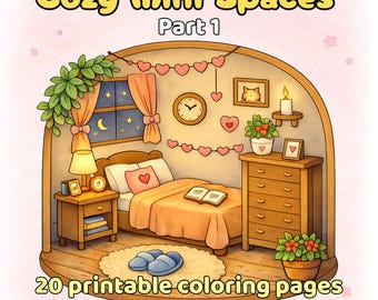 May include: Illustration of a cozy bedroom scene with a bed, nightstand, and dresser. The image features the text "Cozy Mini Spaces Part 1" and "20 printable coloring pages Instant Download."