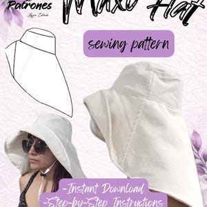 Puede incluir: Un patrón de costura de sombrero Maxi blanco con un dibujo y una foto del sombrero. La imagen incluye el texto "Maxi Hat" y "sewing pattern". Texto adicional incluye "Instant Download", "Step-by-Step Instructions" y "Two Visor Options".